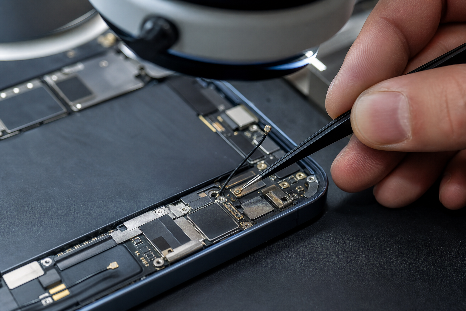 iPhone benzeri cihazın anten bağlantıları ve koaksiyel kabloları mikroskop altında incelenirken
