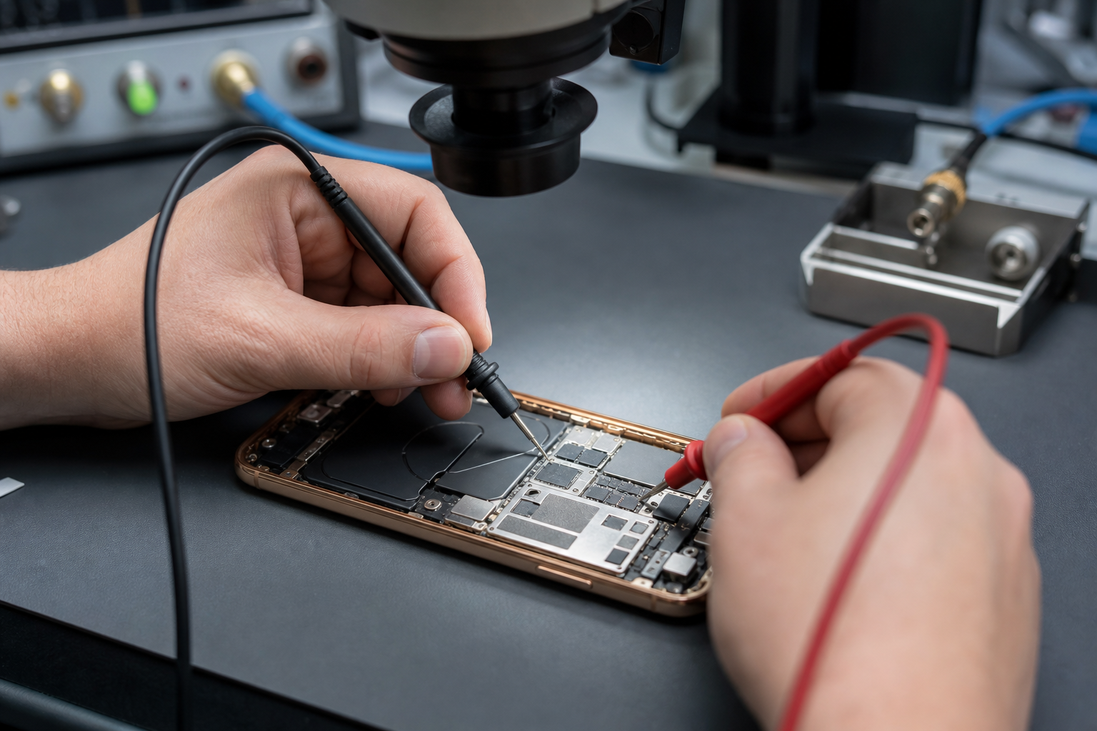RF korumalı servis tezgâhında iPhone hücresel şebeke ve anakart teşhisi yapılırken