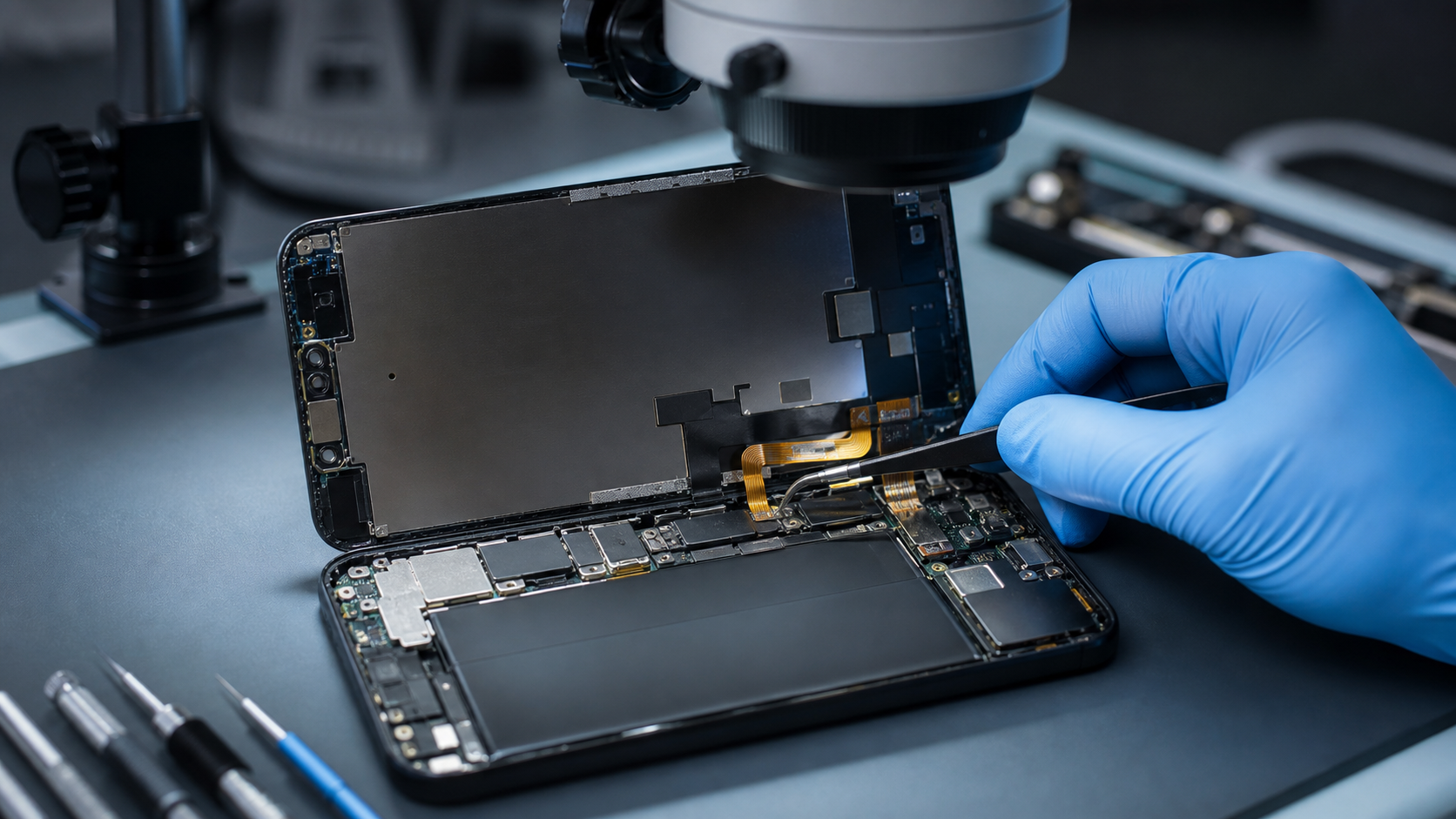 Stereo mikroskop altında iPhone ekran konnektörü ve flex kablo kontrolü