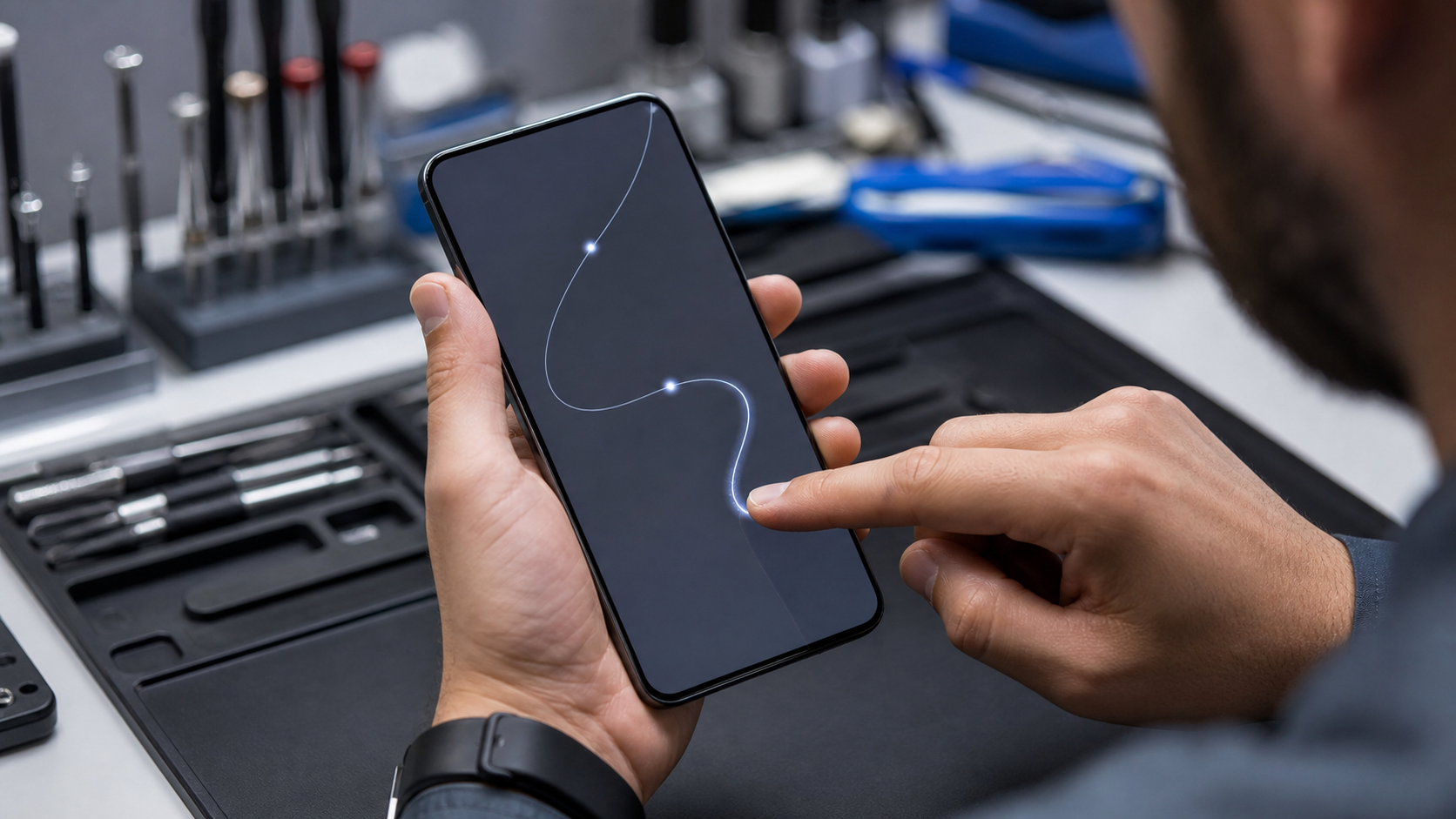 Kalibre edilmiş test ekranıyla iPhone dokunmatik yüzeyinin profesyonel son kontrolü