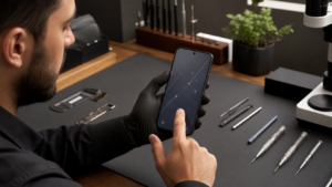 Kendi kendine dokunuş yapan iPhone benzeri ekranı kontrollü test eden servis teknisyeni