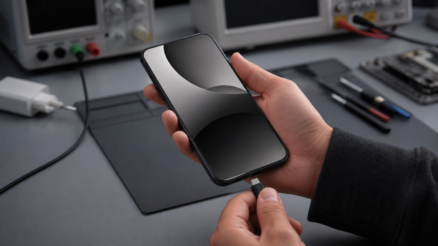 Şarj adaptörü çıkarılarak iPhone ghost touch davranışı karşılaştırılırken