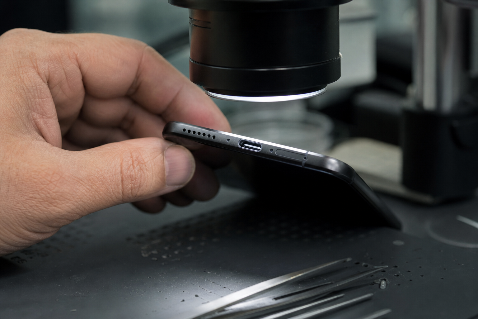 Teknisyen iPhone şarj portunu stereo mikroskop altında kir ve korozyon için incelerken