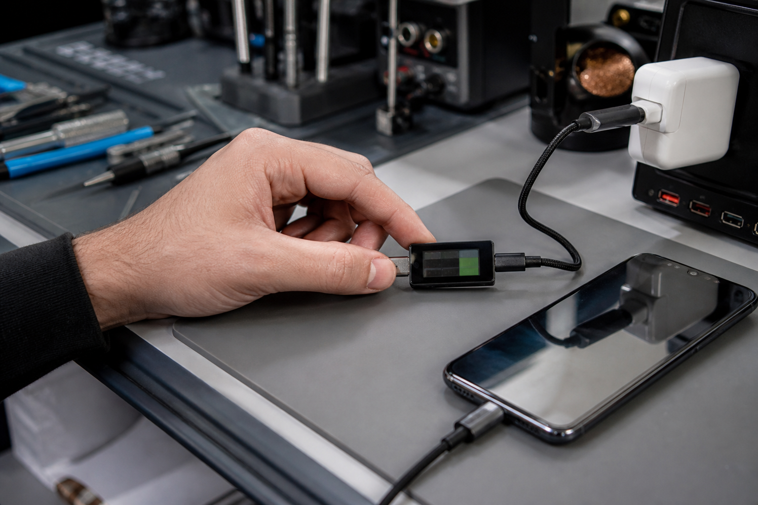 USB güç ölçer, sağlam adaptör ve kabloyla iPhone şarj akımı karşılaştırılırken