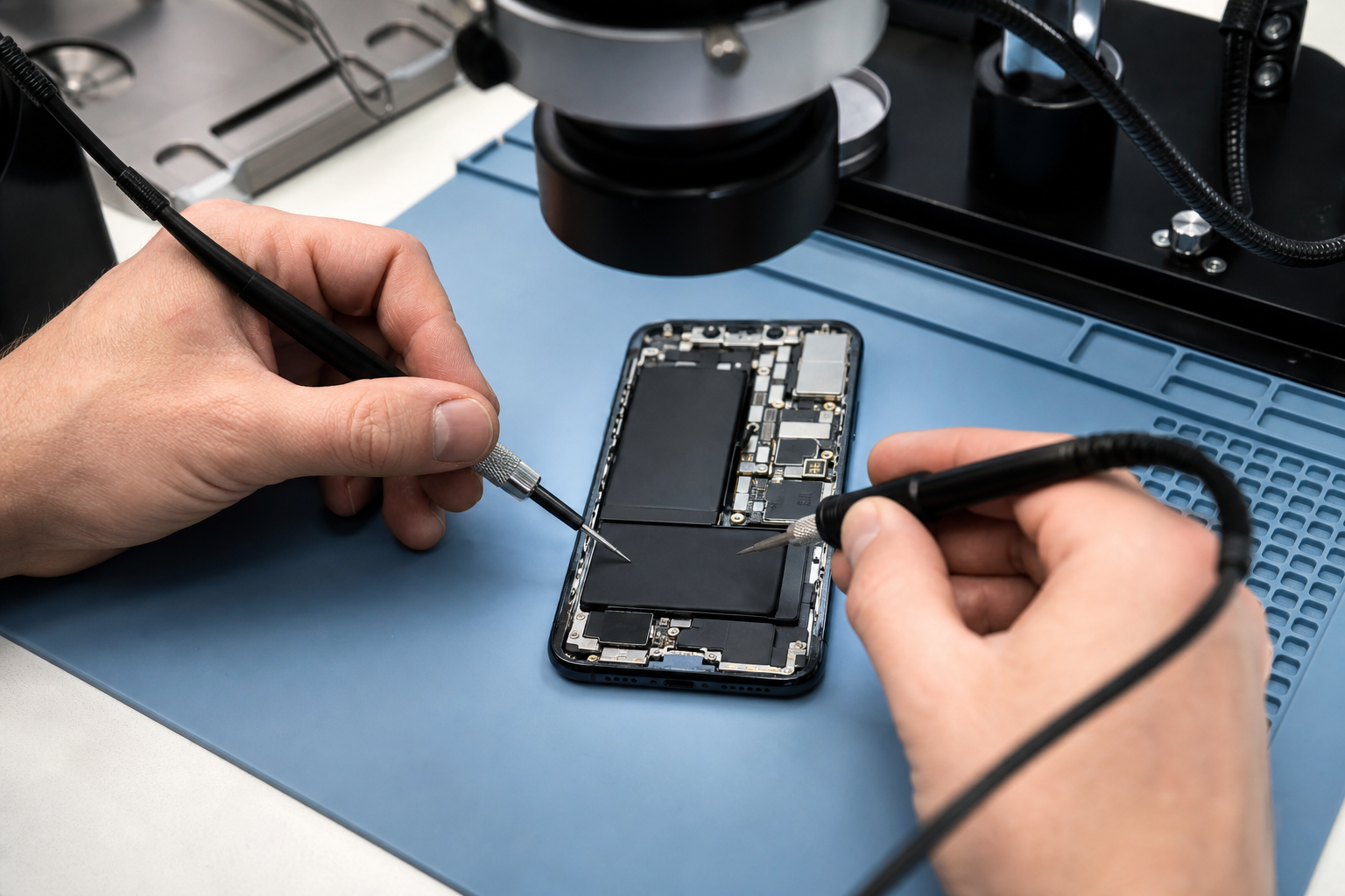 ESD güvenlikli tezgahta iPhone batarya ve şarj devresi ölçümü yapan teknisyen