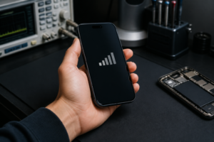 Durum çubuğunda şebeke sorunu bulunan iPhone benzeri cihazı inceleyen teknik servis uzmanı