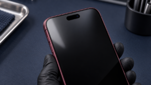Burgonya iPhone 18 Pro tasarımını temel alan ön cam ve sensör bölgesinin temsili dış görünümü