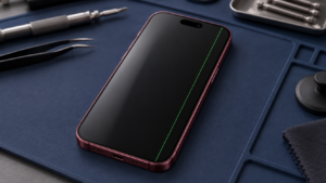 Burgonya iPhone 18 Pro tasarımındaki ekranda ince yeşil çizgi arızasının temsili görünümü