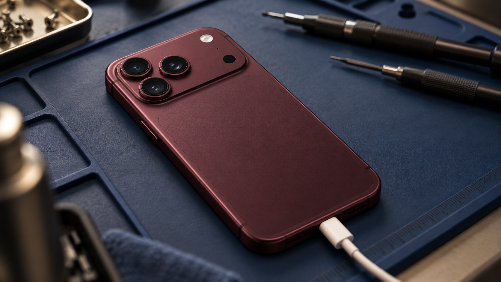 Burgonya iPhone 18 Pro tasarımını referans alan cihazın servis tezgâhında USB-C bağlantısıyla temsili görünümü