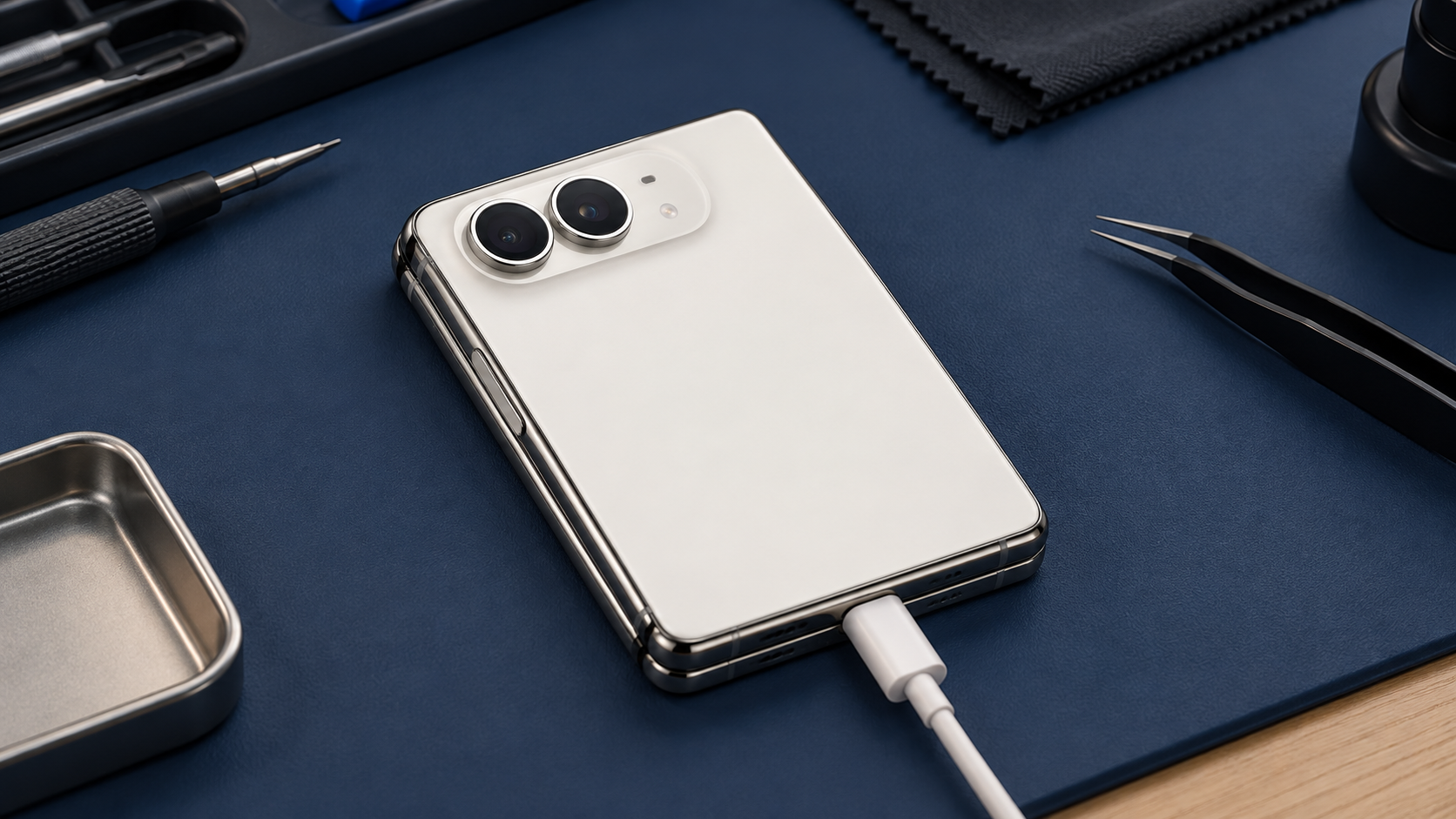 Şarj kablosuna bağlı iPhone Duo; temsili servis sahnesi