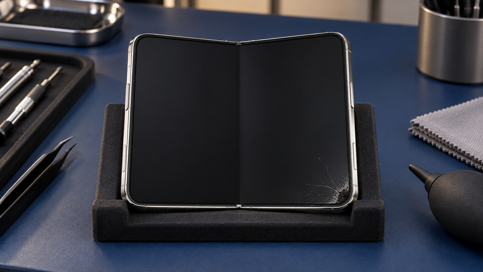 İç ekranının köşesinde hasar görülen iPhone Duo; temsili servis sahnesi