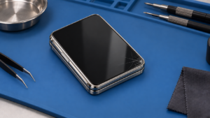 Dış camı kırık iPhone Duo; temsili servis sahnesi