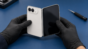 iPhone Duo tasarımını referans alan cihazın arka yüzeyi ve dış ekranını gösteren temsili servis sahnesi