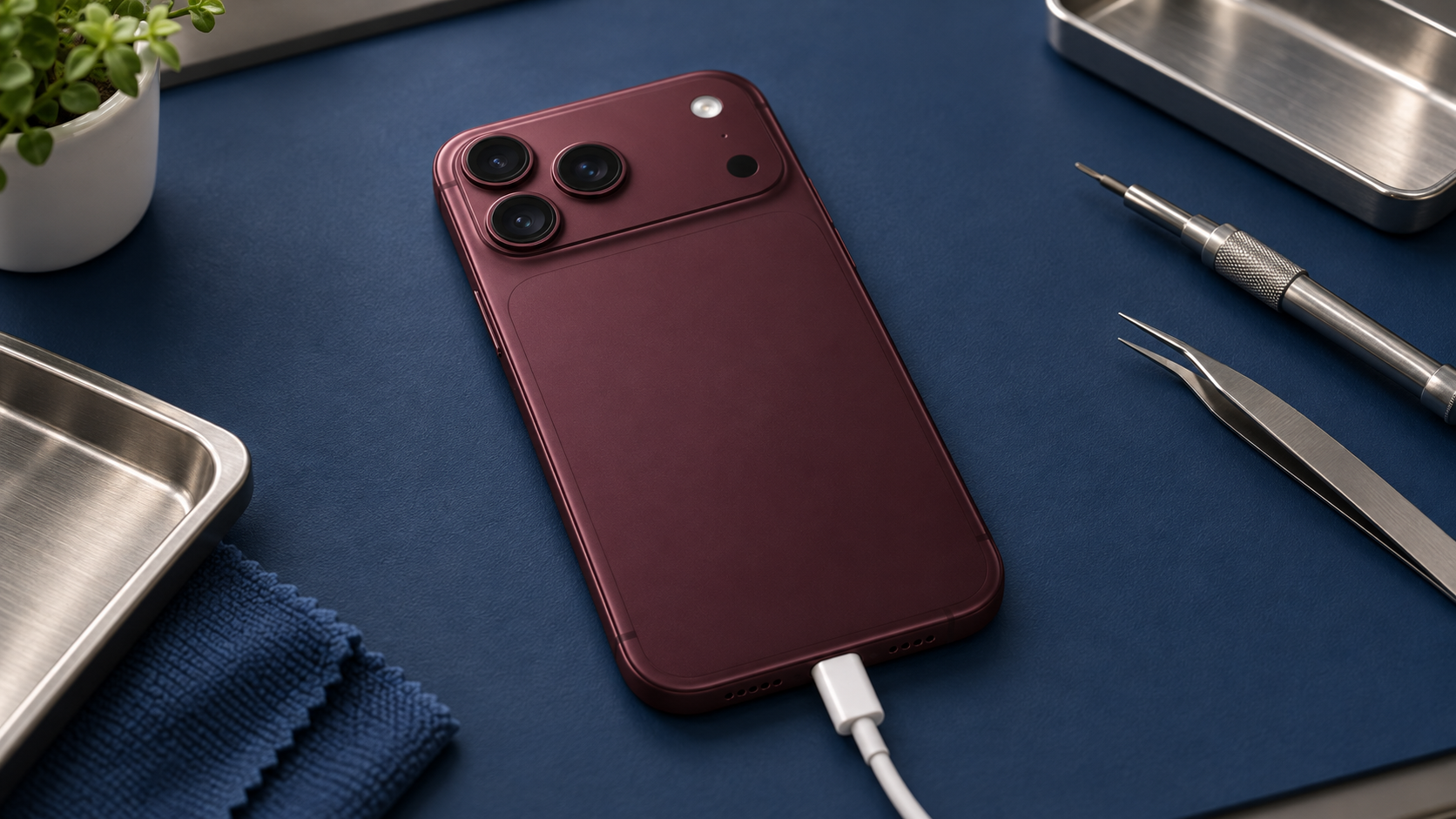 Şarj kablosuna bağlı iPhone 18 Pro Max; temsili servis sahnesi