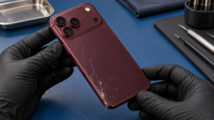 Arka yüzeyi kırık iPhone 18 Pro Max; temsili servis sahnesi