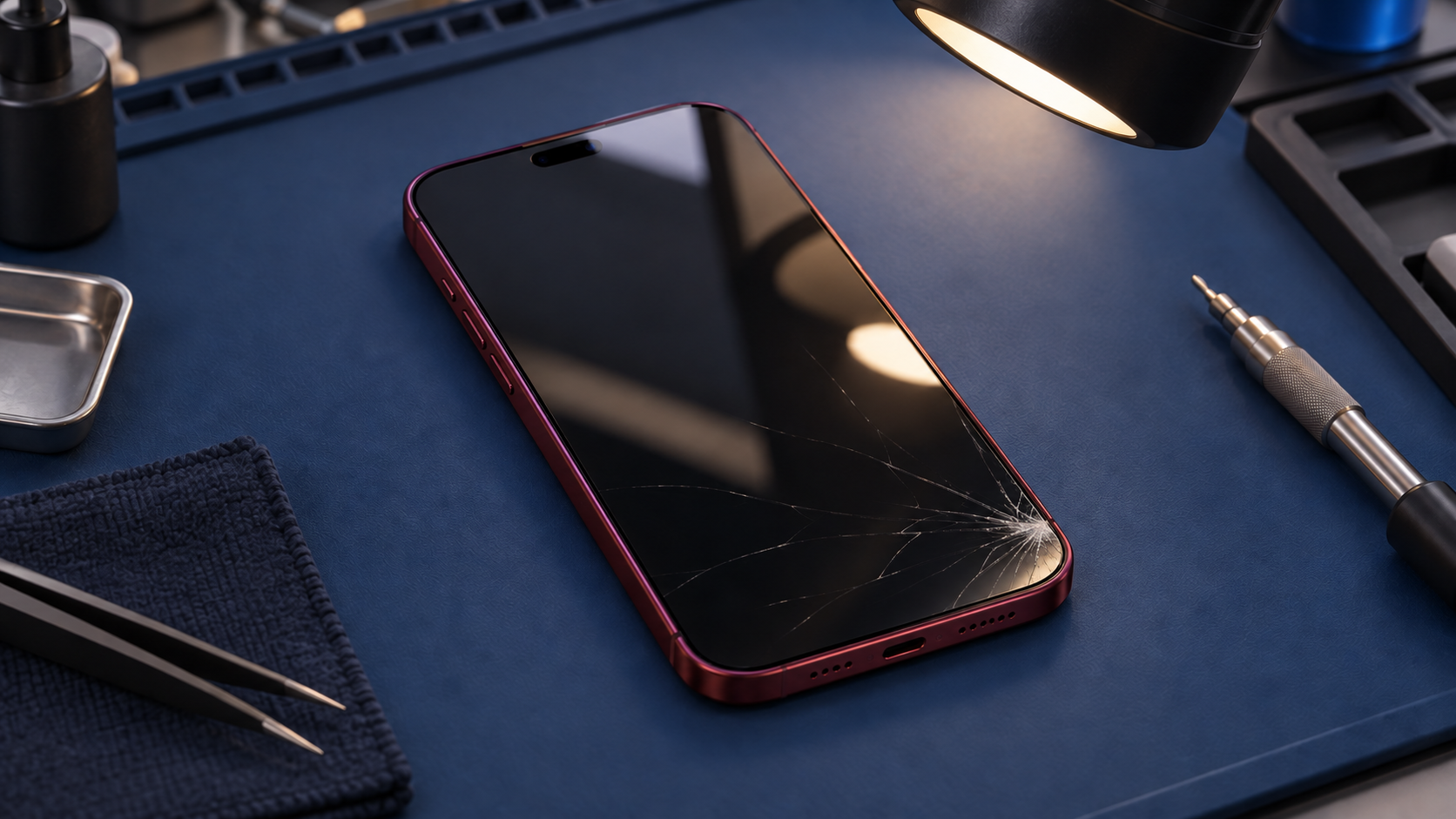 Ön camı kırık iPhone 18 Pro Max; temsili servis sahnesi