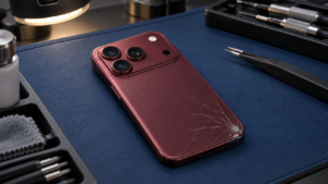 Arka yüzeyi kırık iPhone 18 Pro; temsili servis sahnesi