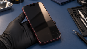 Ön camı kırık iPhone 18 Pro; temsili servis sahnesi