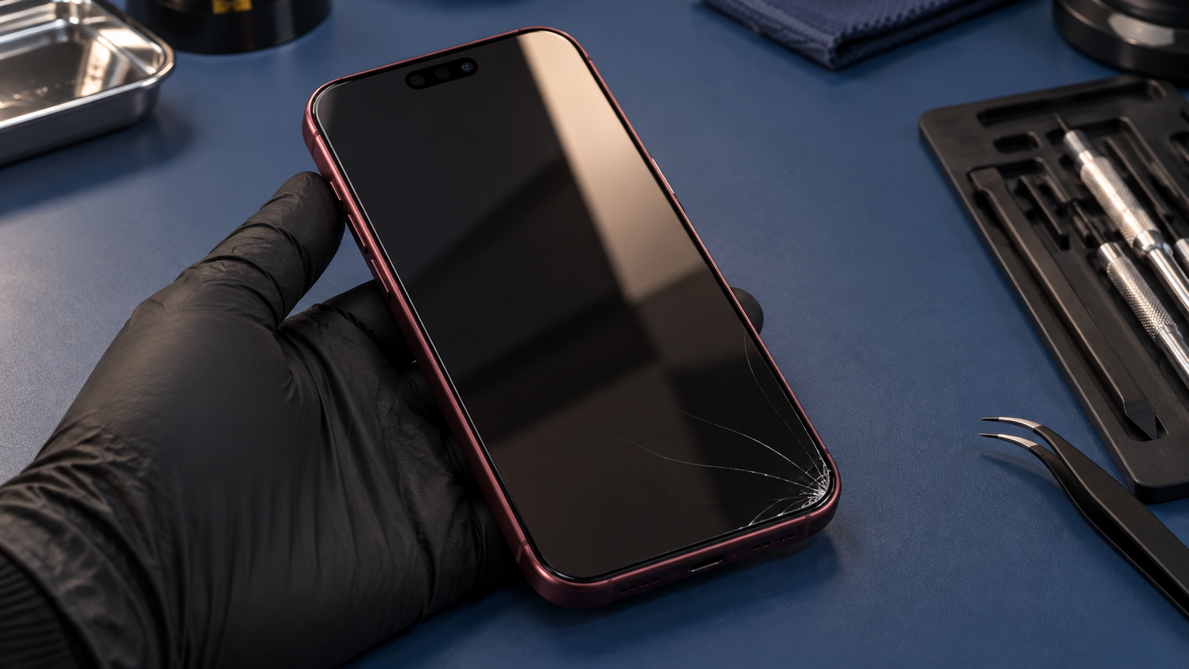 Ön camı kırık iPhone 18 Pro; temsili servis sahnesi