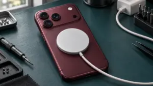 Arkasında manyetik şarj aygıtı bulunan burgonya iPhone 18 Pro Max tasarımlı telefon