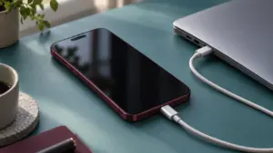 USB-C kablosuyla dizüstü bilgisayara bağlı burgonya iPhone 18 Pro Max tasarımlı telefon