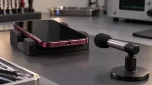 Ses kontrolü alanında alt kenarı görünen burgonya iPhone 18 Pro Max tasarımlı telefon