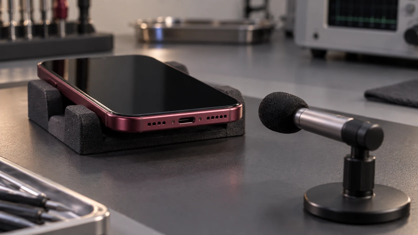 Ses kontrolü alanında alt kenarı görünen burgonya iPhone 18 Pro Max tasarımlı telefon