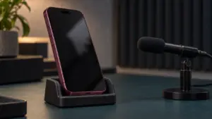 Ses test standında burgonya iPhone 18 Pro Max tasarımlı telefon ve ölçüm mikrofonu