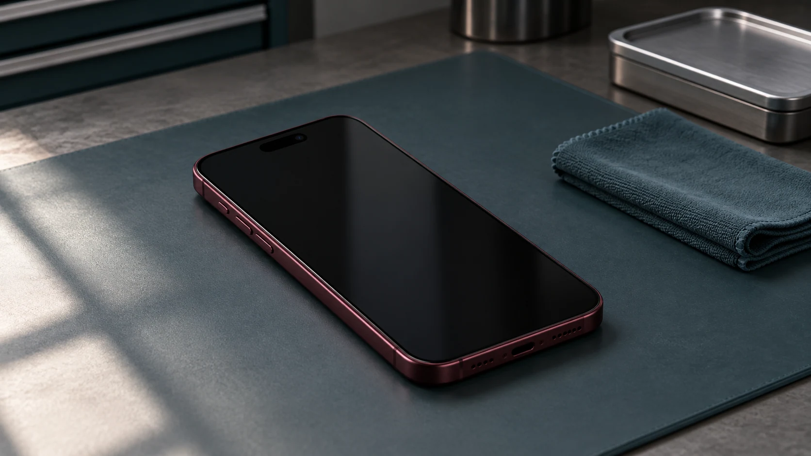 Temiz servis tezgâhında ön yüzü görünen burgonya iPhone 18 Pro Max tasarımlı telefon