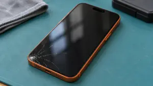 Kozmik turuncu iPhone 17 Pro tasarımlı telefonun ön camında sınırlı köşe çatlağı