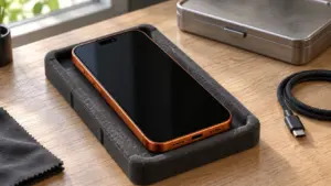 Servis desteğinde ekranı kapalı kozmik turuncu iPhone 17 Pro tasarımlı telefon