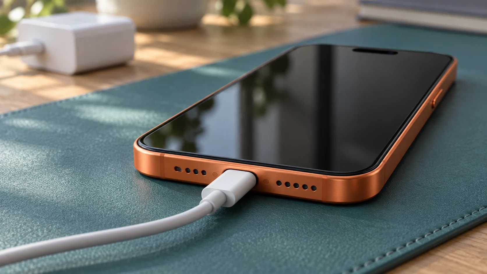 Kozmik turuncu iPhone 17 Pro tasarımlı telefonun USB-C bağlantısına yakın plan