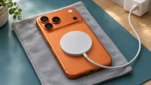 Arka yüzünde manyetik şarj aygıtı bulunan kozmik turuncu iPhone 17 Pro tasarımlı telefon