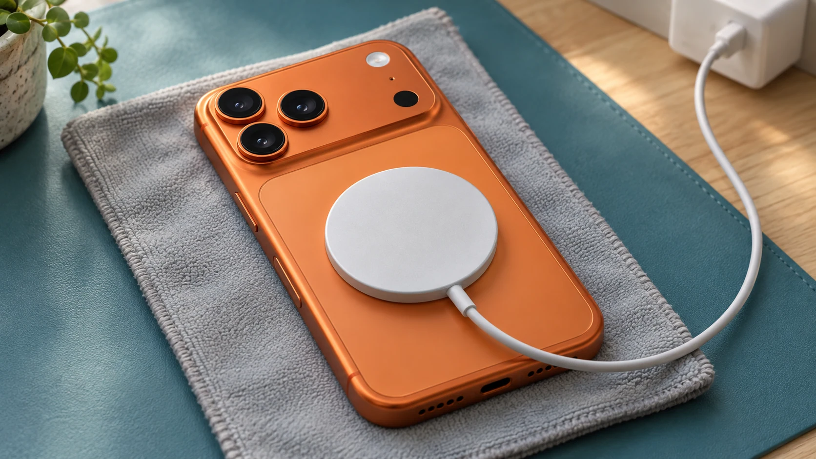Arka yüzünde manyetik şarj aygıtı bulunan kozmik turuncu iPhone 17 Pro tasarımlı telefon