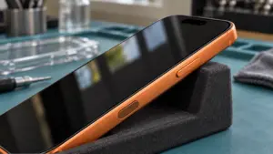 Kozmik turuncu iPhone 17 Pro tasarımlı telefonun yan düğmesi ve Kamera Denetimi