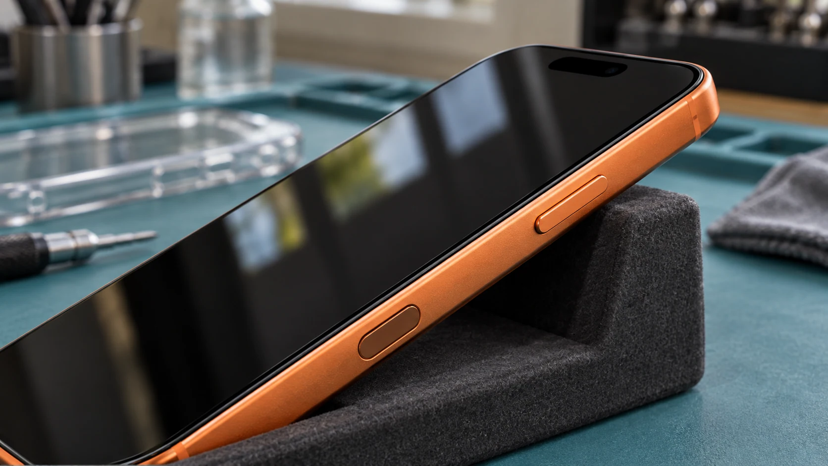 Kozmik turuncu iPhone 17 Pro tasarımlı telefonun yan düğmesi ve Kamera Denetimi