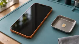 Servis tezgâhında iPhone 17 Pro tasarımlı telefon ve yanında SIM kart tepsisi