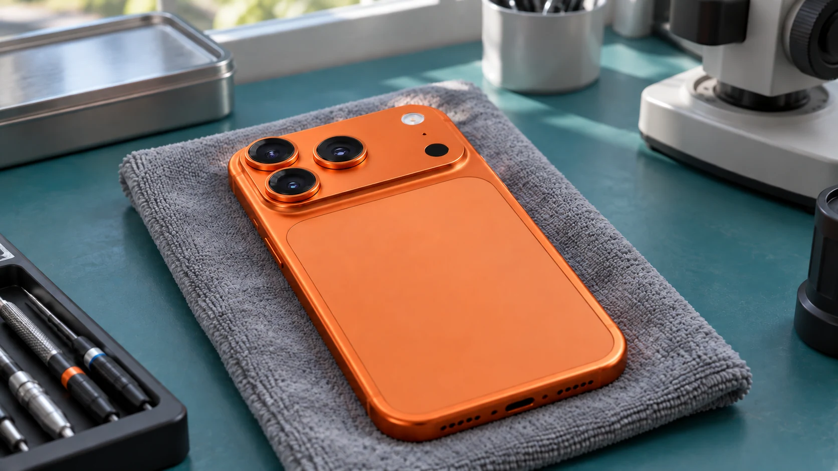 Temiz servis tezgâhında arka yüzü görünen kozmik turuncu iPhone 17 Pro tasarımlı telefon