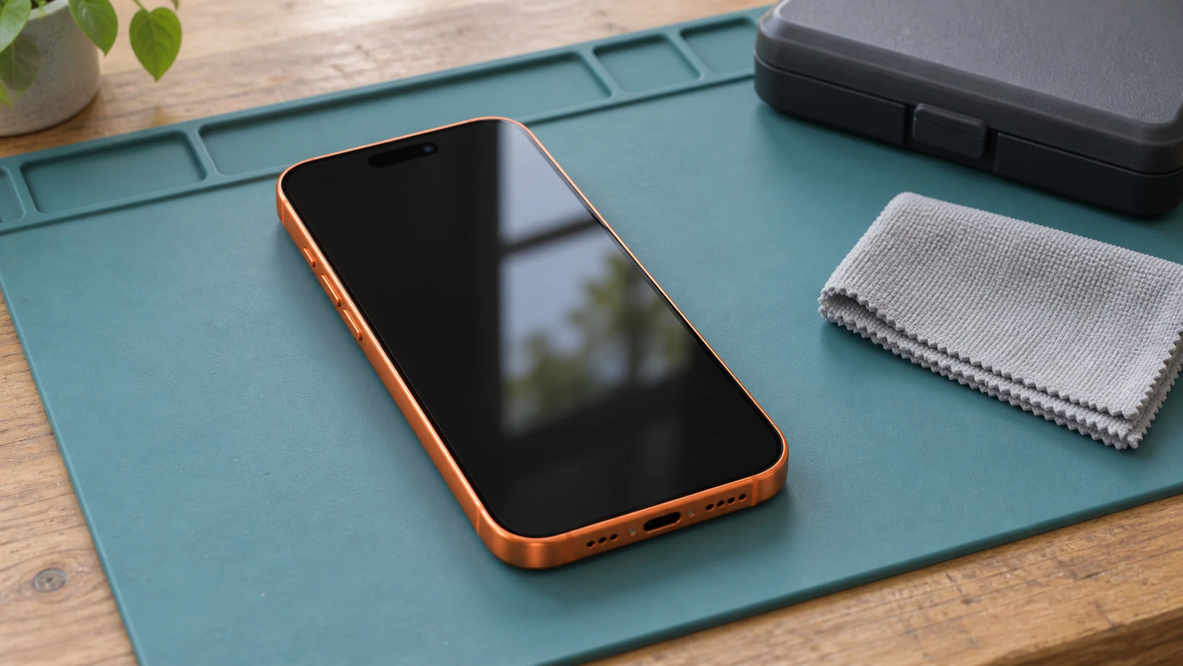 Servis tezgâhında ön yüzü görünen sağlam kozmik turuncu iPhone 17 Pro tasarımlı telefon