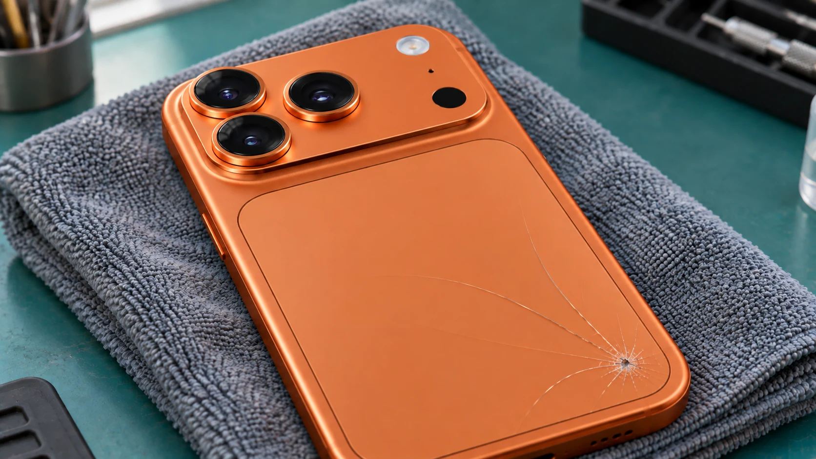 Kozmik turuncu iPhone 17 Pro Max tasarımlı telefonun arka cam bölümünde sınırlı çatlak