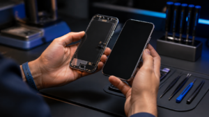 Yeni ve kullanılmış orijinal iPhone parçalarını profesyonel servis tezgahında karşılaştıran teknisyen