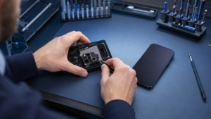 Kullanılmış iPhone parçasındaki Activation Lock uyarısını güvenli biçimde inceleyen Fppro teknisyeni
