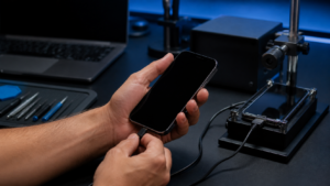 Siyah ekranlı fakat çalışan iPhone üzerinde test ekranı kullanan Fppro teknisyeni