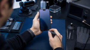 Onarılan iPhone üzerinde on iki noktalı teslim kalite kontrolü yapan Fppro teknisyeni