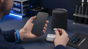 Bluetooth açılmayan iPhone için kablosuz bağlantı testi yapan Fppro teknisyeni
