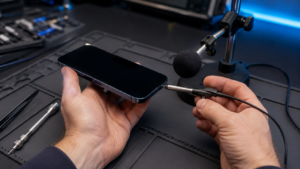 Farklı uygulamalarda iPhone mikrofonlarını karşılaştırmalı test eden Fppro teknisyeni