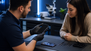 iPhone onarım belgesinde parça ve garanti kapsamını müşteriyle inceleyen Fppro danışmanı