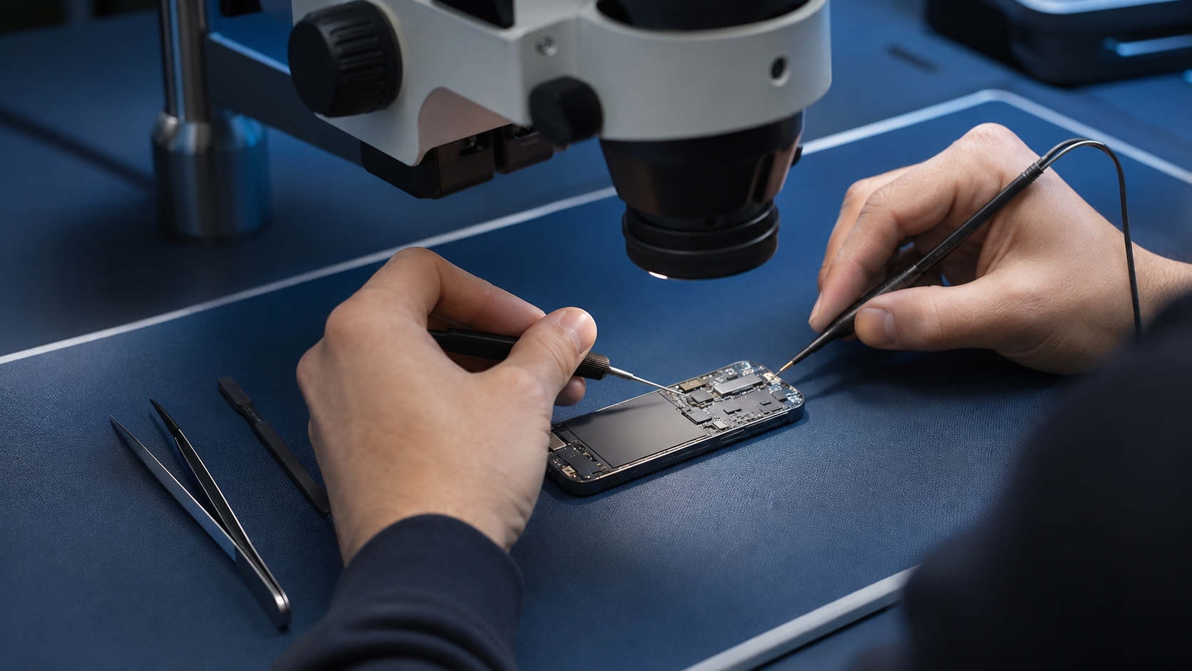 iPhone anakartı mikroskop altında bağlantı ve sinyal hattı ölçümü için inceleniyor.