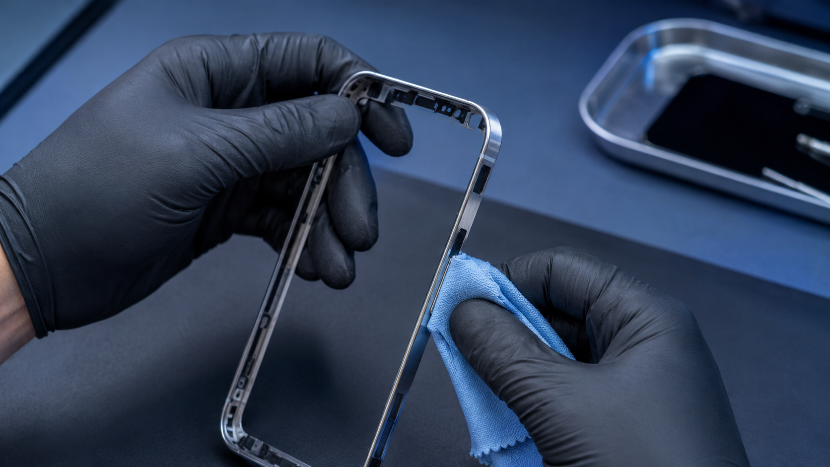iPhone kasasının sızdırmazlık temas yüzeyi temiz servis tezgahında dikkatle hazırlanıyor.