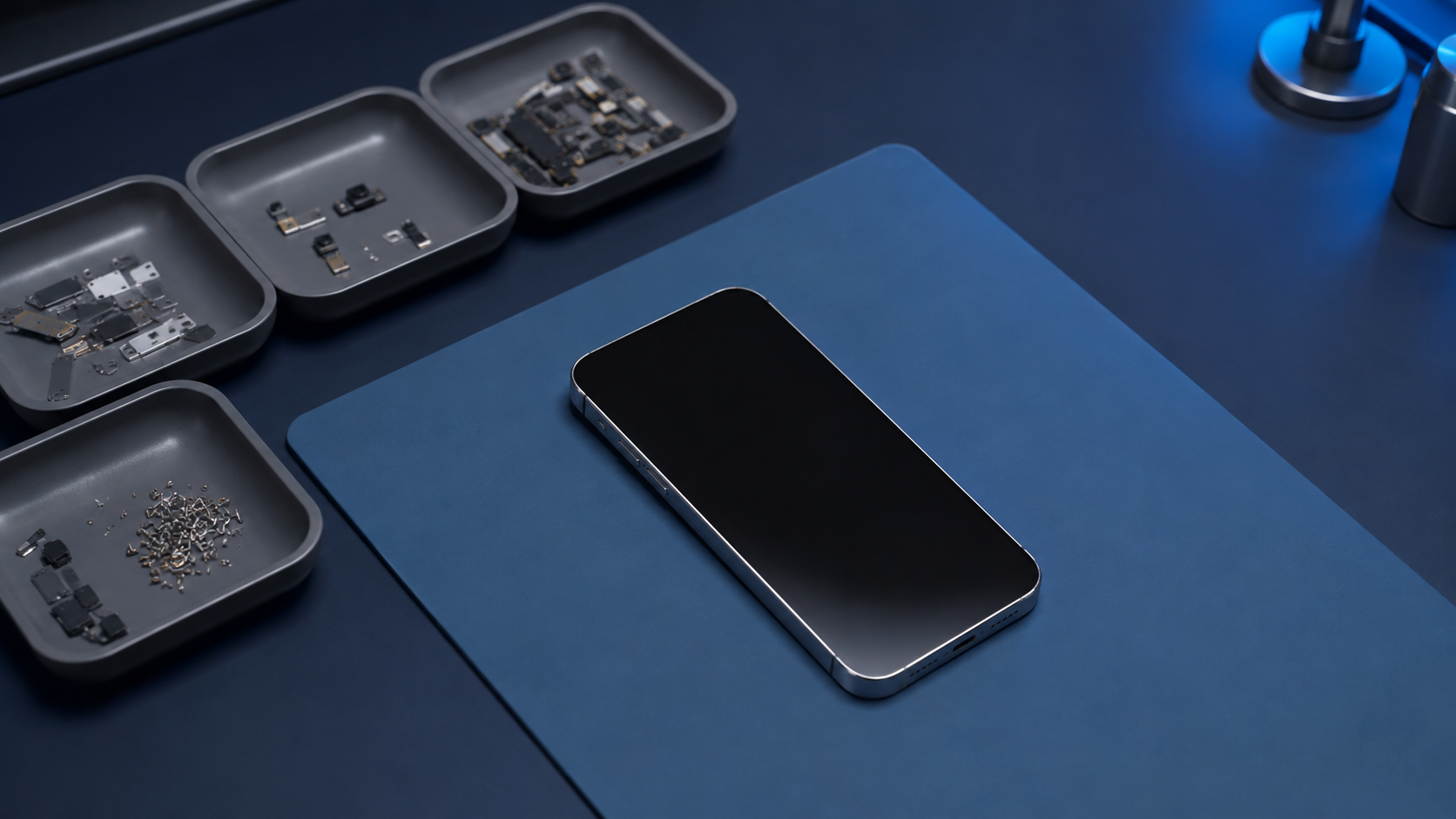 Düzenli servis tezgahında onarılarak kullanım ömrü uzatılan iPhone ve ayrıştırılmış parçalar görülüyor.